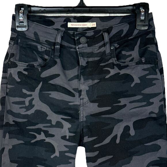 Levi’s 721 SZ 26 High-Rise Skinny Jeans Camo Stretch Zip-Fly Pockets Black Gray - Picture 2 of 11